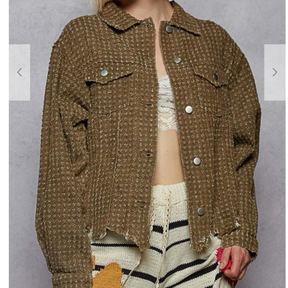 229.Jacket top in textured twill with front pockets, metal button down,raw edge - Picture 2 of 4